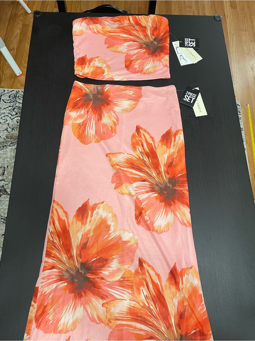 NWT THIRTY THIRTY Women's 2-Piece Strapless Top & Long Skirt Floral Mesh S